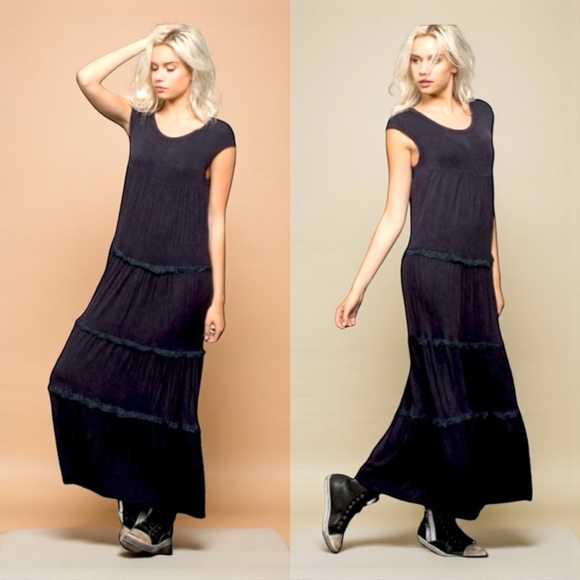 POL Dresses & Skirts - 🆕 POL - Button Back Lace Trim Maxi Dress - Navy - NIB